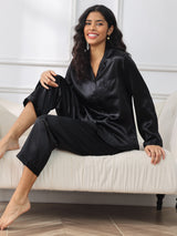 [Negro] SilkSilky-ES Long Sleeve Lapel Collar Pijamas de mujer 001