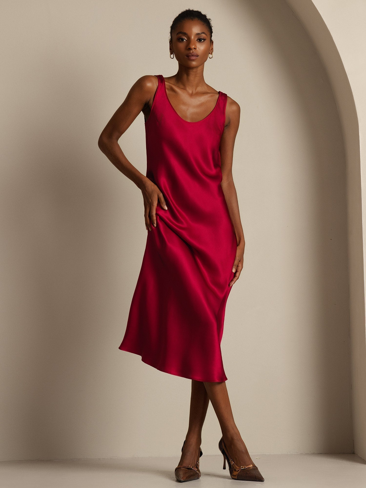 [Vino] SilkSilky-ES Seda Pura Cuello Barco Vestido 006,