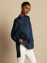 [Azul Oscuro] SilkSilky-ES 19Momme Manga larga Cuello Alto Blusa 005