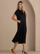 [Negro] SilkSilky-ES Short Sleeve Round Neck Vestido 001