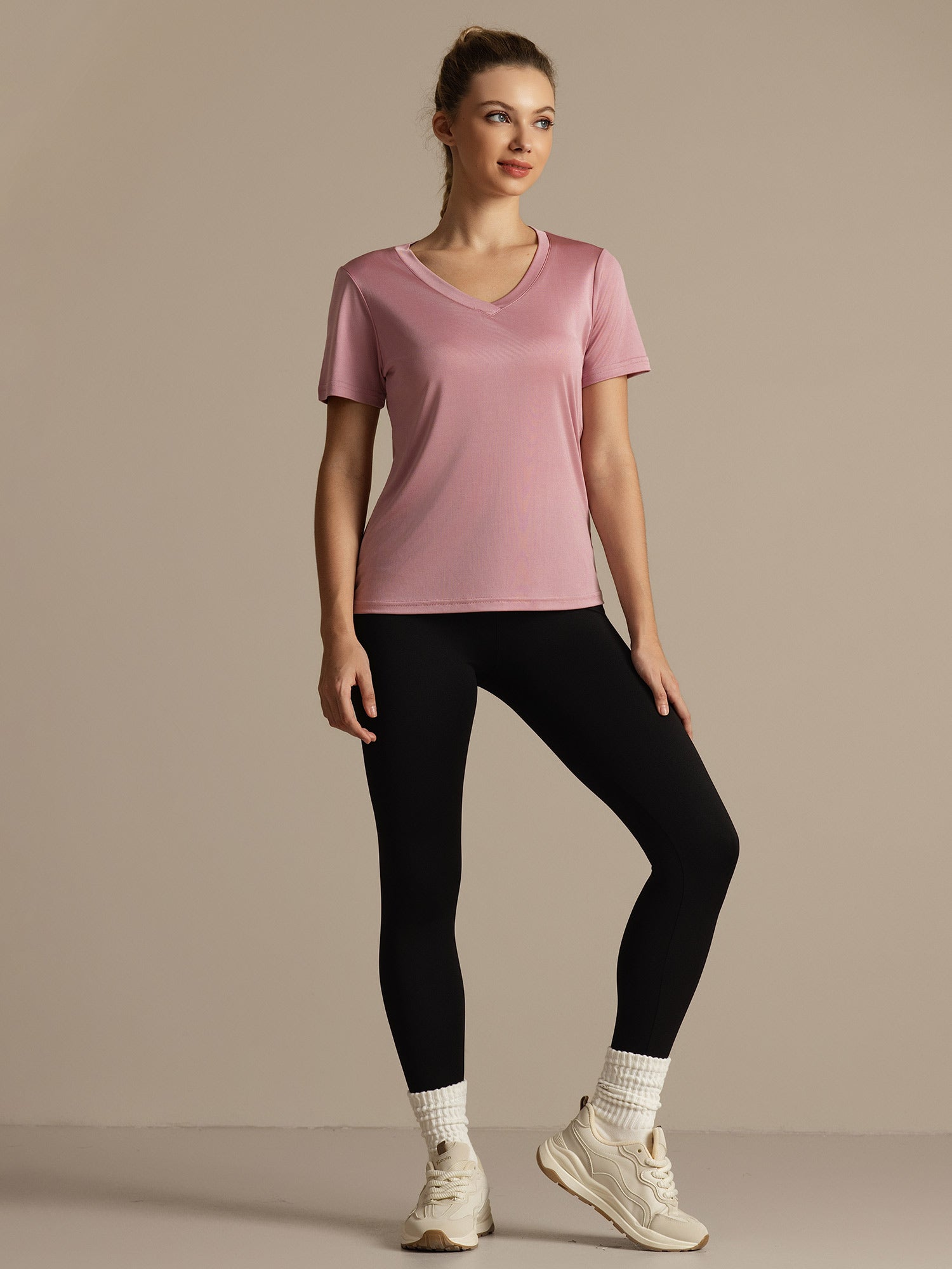 [Malva Pálido] SilkSilky-ES Manga corta Cuello en V Camisetas de Mujer 001