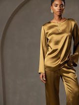 [Marrón] SilkSilky-ES Long Sleeve Boat Neck Blusa 005