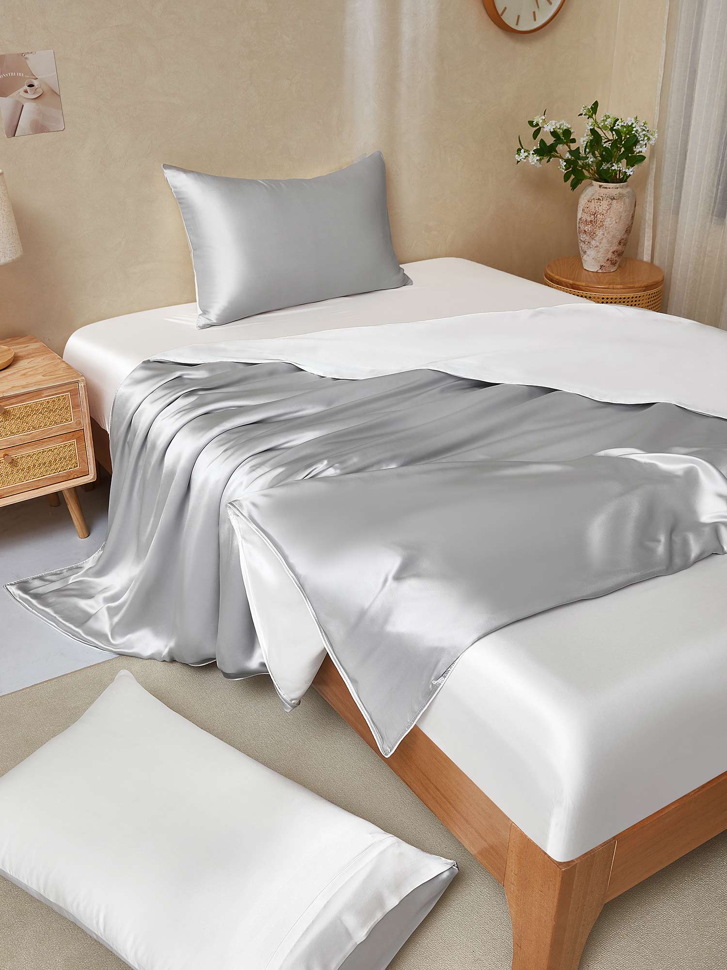[GrisClaro+Blanco] SilkSilky-ES 25Momme Seda Pura Bedding Set 001,