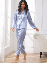 [Azul Acero] SilkSilky-ES Long Sleeve Lapel Collar Pijamas de mujer 003