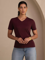 [Vino] SilkSilky-ES Short Sleeve V Neck Camisetas de Mujer 004