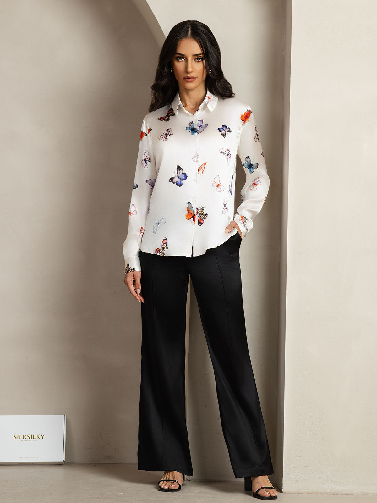 [Mariposa Blanca] SilkSilky-ES Seda Lapel Collar Blusas de Mujer 003