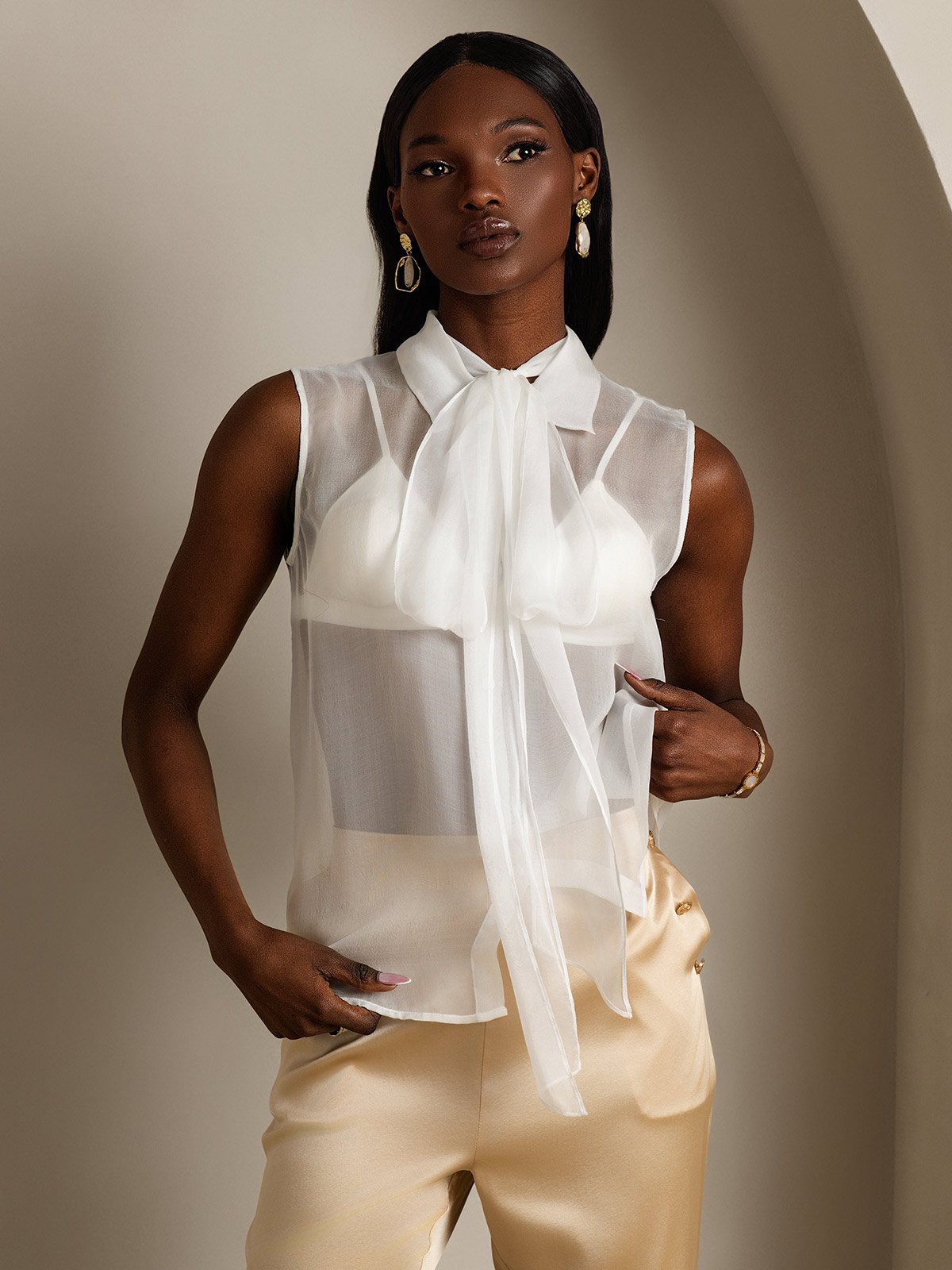 SilkSilky-ES Seda Pura Sin mangas Corbata Blusas de Mujer Blanco 006