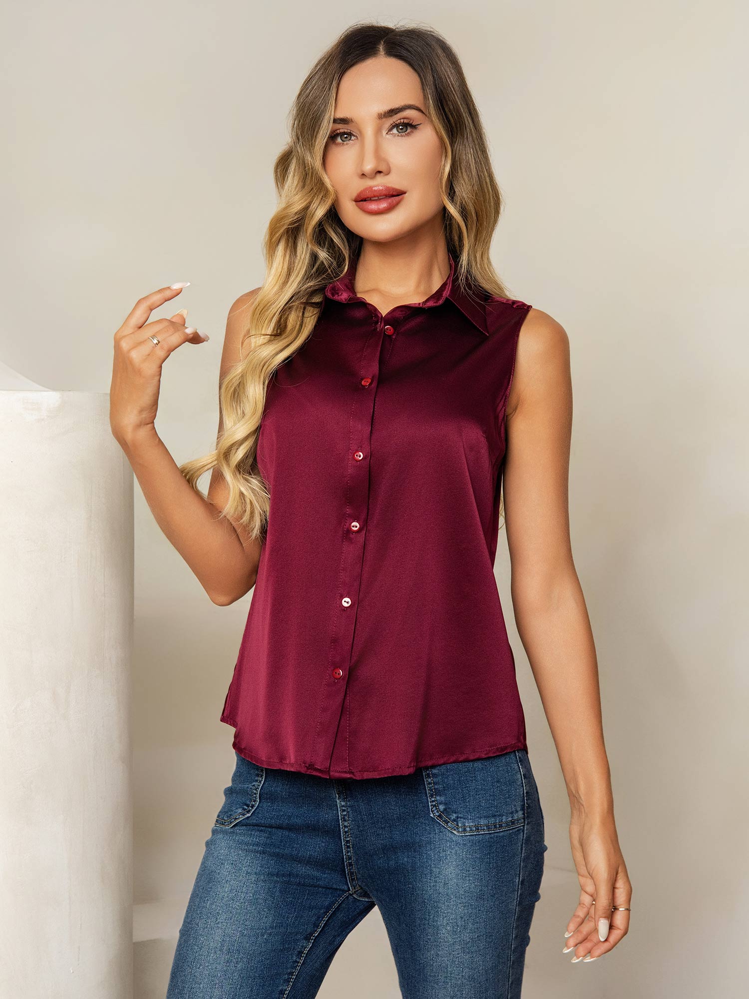 [Rojo Oscuro] SilkSilky-ES 19Momme Seda Lapel Collar Blusas de Mujer 001