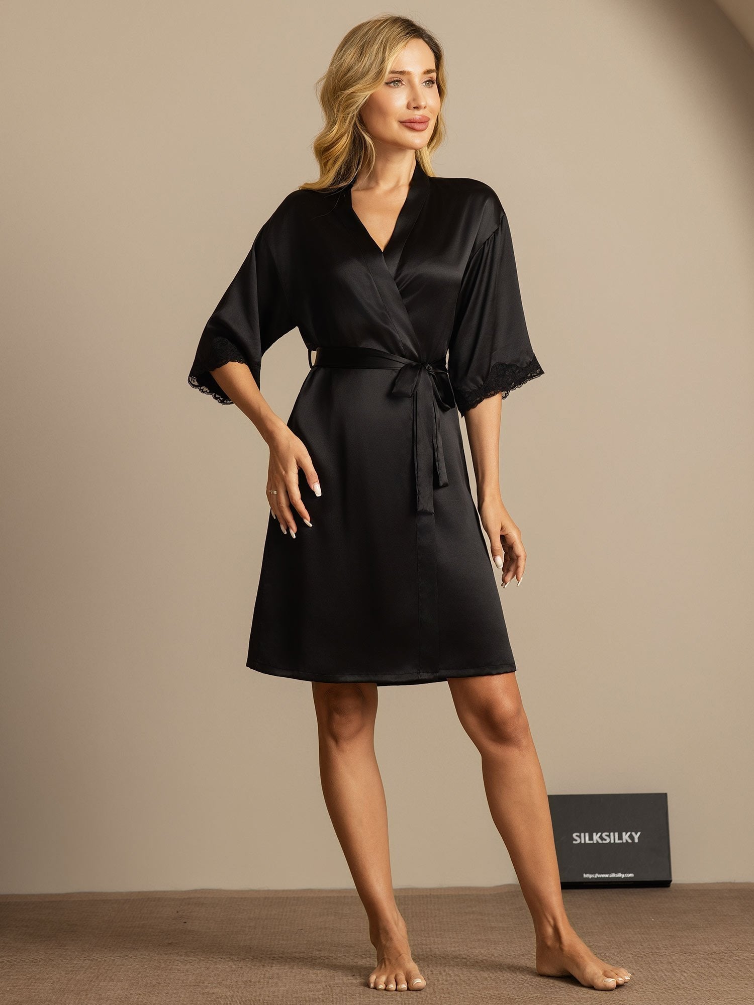 [Negro] SilkSilky-ES Seda Pura Womens Robe 006