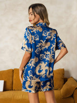 [Dragón Navy] SilkSilky-ES Short Sleeve Lapel Collar Pijamas de mujer 002