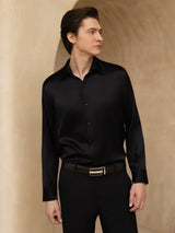 [Negro] SilkSilky-ES 19Momme Manga larga Cuello con Solapa Camisa de hombre 004