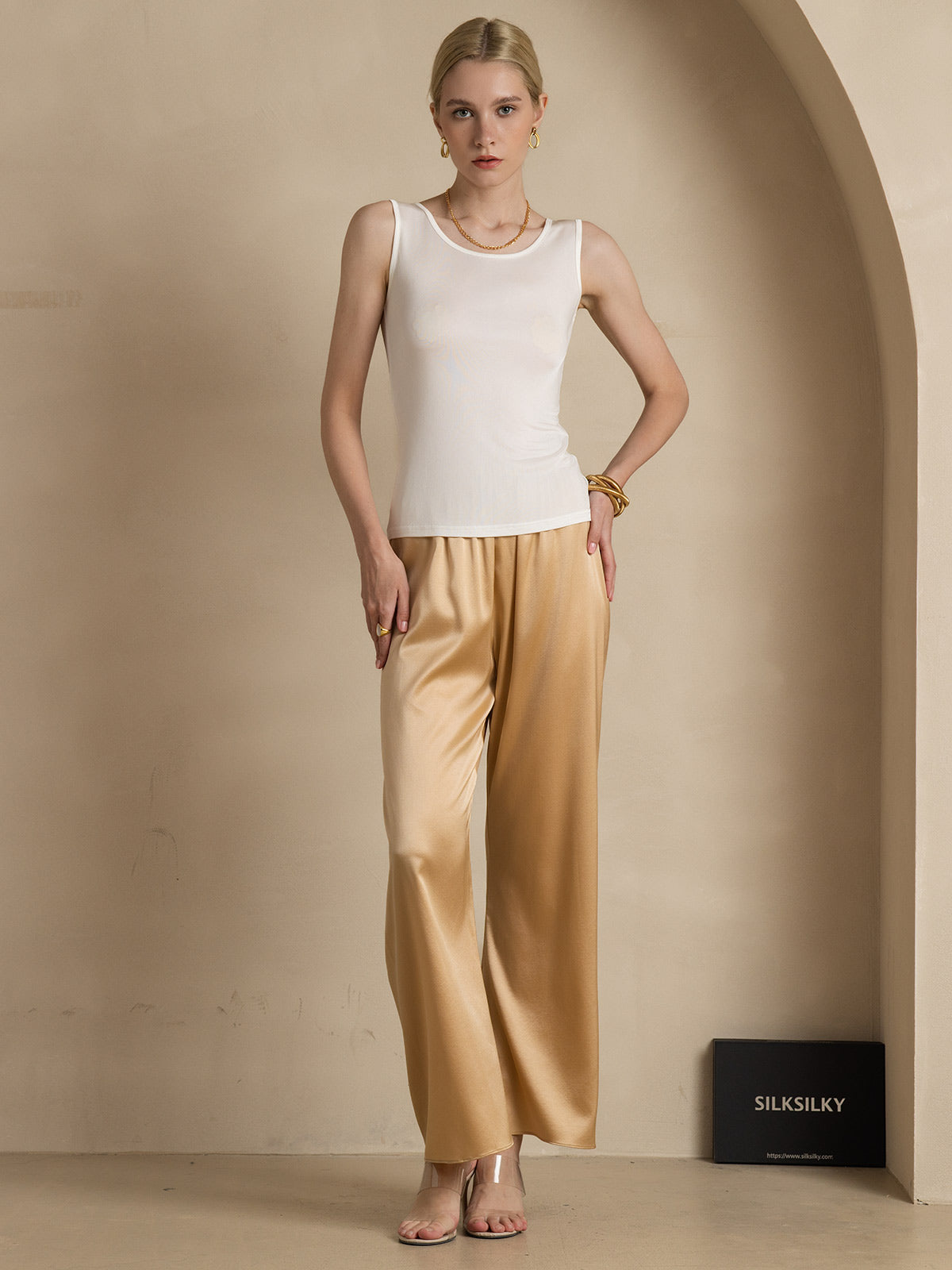 [Blanco] SilkSilky-ES Tejido de seda Womens T-Shirt 007