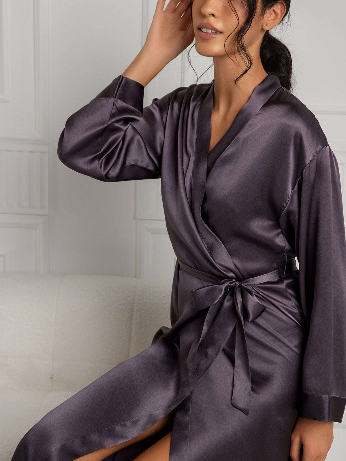 [Gris Púrpura] SilkSilky-ES Seda Pura Wrap Bata de mujer 007
