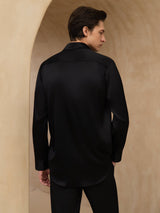 [Negro] SilkSilky-ES 19Momme Manga larga Cuello con Solapa Camisa de hombre 002