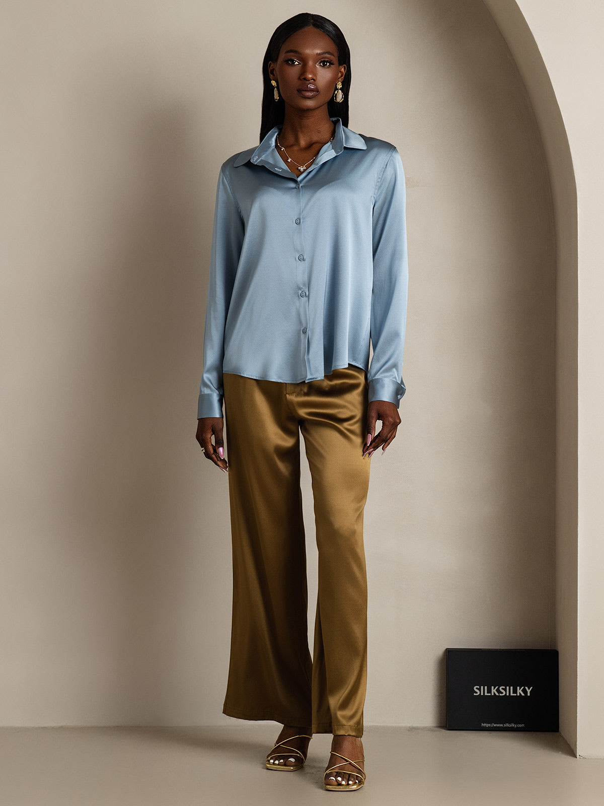 [Azul Grisáceo] SilkSilky-ES Seda Lapel Collar Blusas de Mujer 006