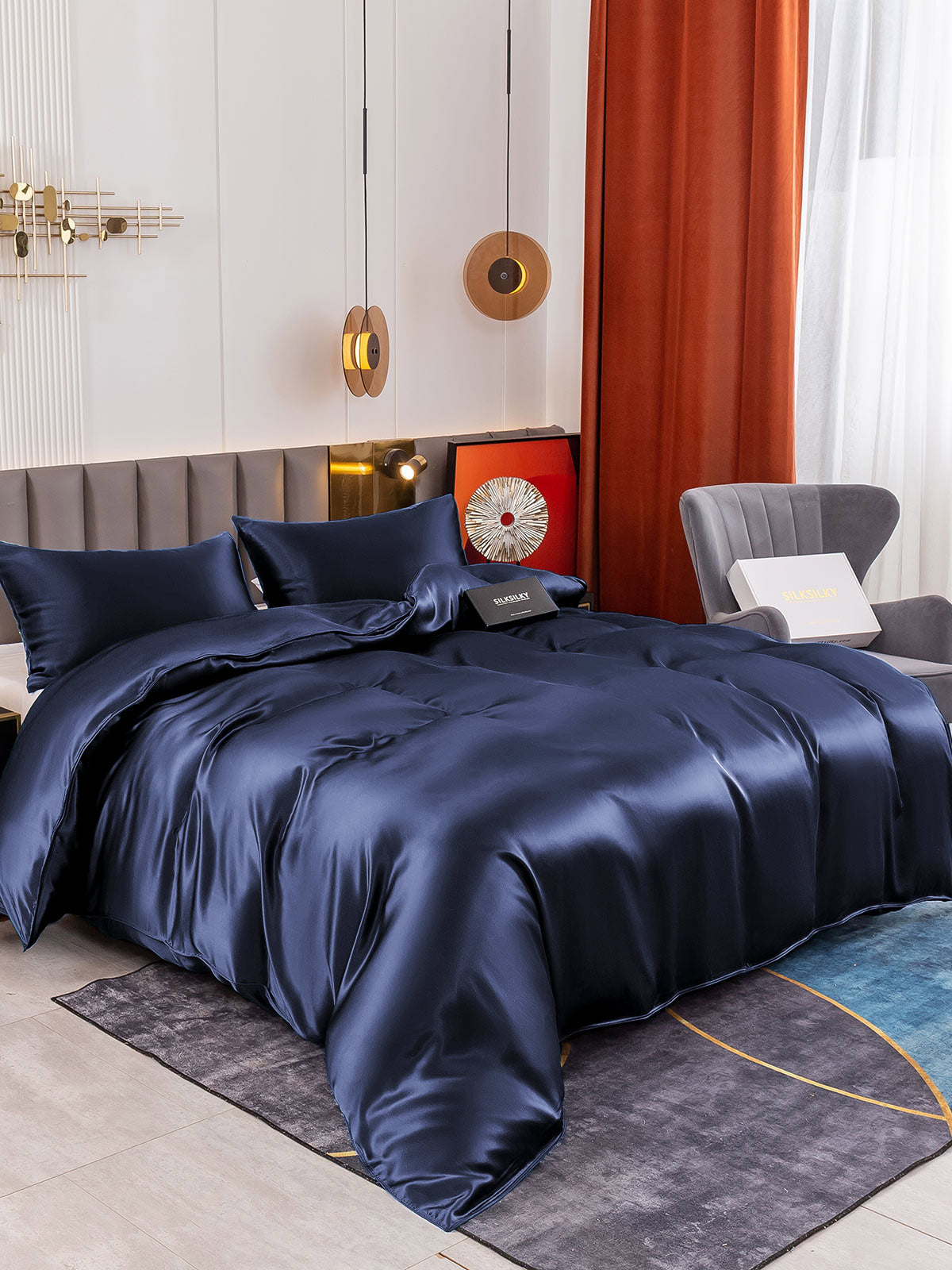 [Azul Oscuro] SilkSilky-ES 19Momme Juego de ropa de cama 001
