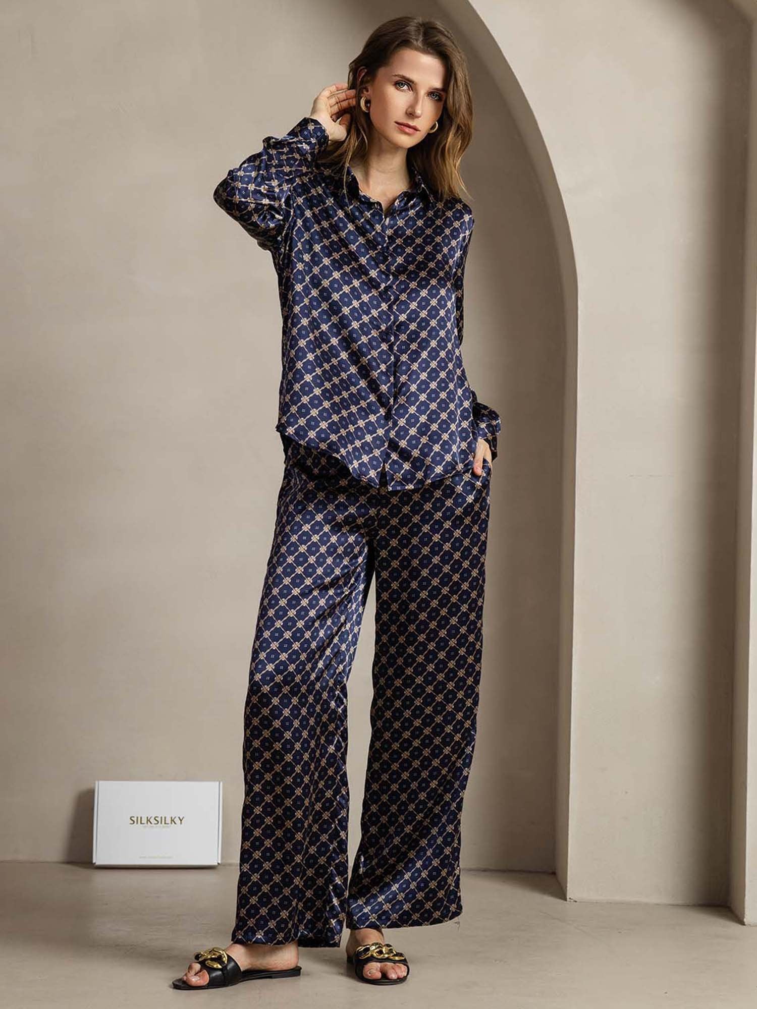 [CadenaAzulMarino] SilkSilky-ES 19Momme Seda Lapel Collar Women''s Outfit Sets 003