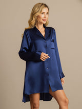[Azul Oscuro] SilkSilky-ES Long Sleeve Lapel Collar Camisas de dormir 008