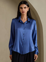 [Verde Azulado Real] SilkSilky-ES Long Sleeve Lapel Collar Blusas de Mujer 003