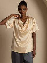 [Champán] SilkSilky-ES Short Sleeve Cowl Neck Blusas 005