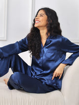 [Azul Oscuro] SilkSilky-ES Long Sleeve Lapel Collar Pijamas de mujer 001