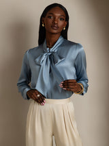 [Azul Grisáceo] SilkSilky-ES Long Sleeve Tie Neck Blusas 003
