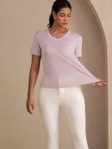 [Lavanda] SilkSilky-ES Short Sleeve V Neck Camisetas de Mujer 005
