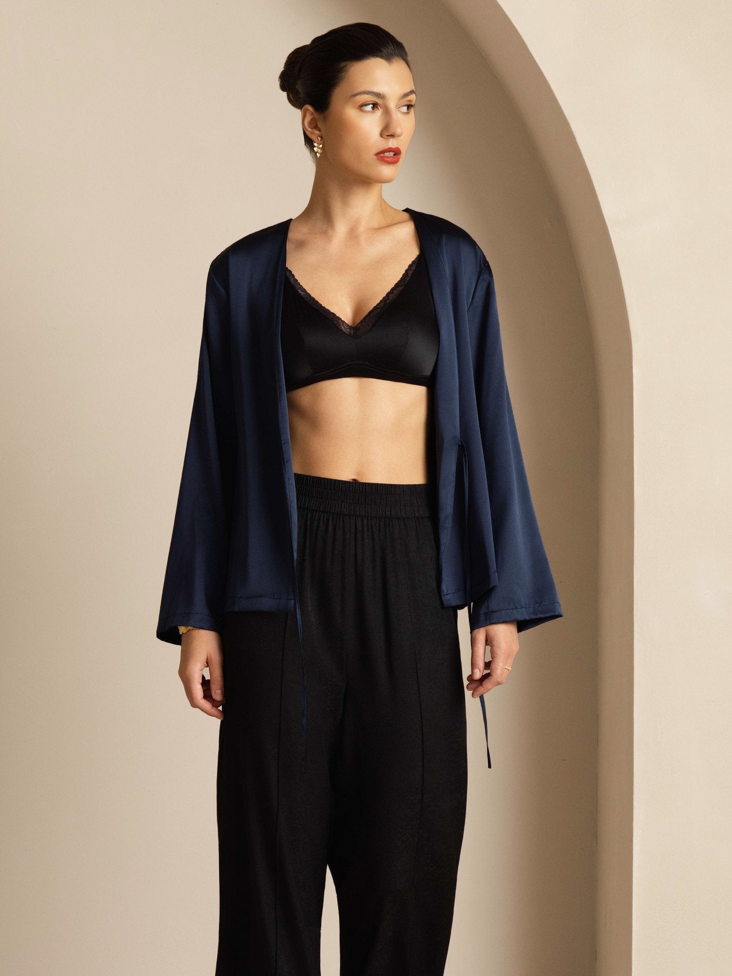 [Azul Oscuro] SilkSilky-ES 19Momme Seda Manga larga Womens Outerwear 005