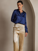 [Azul Oscuro] SilkSilky-ES Long Sleeve Lapel Collar Blusas de Mujer 001