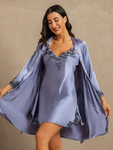 [Azul Acero] SilkSilky-ES 3/4 Sleeve V Neck Conjunto de camisón y bata 001