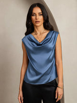 [Verde Azulado Real] SilkSilky-ES Cap Sleeve Cowl Neck Camisetas de Mujer 003