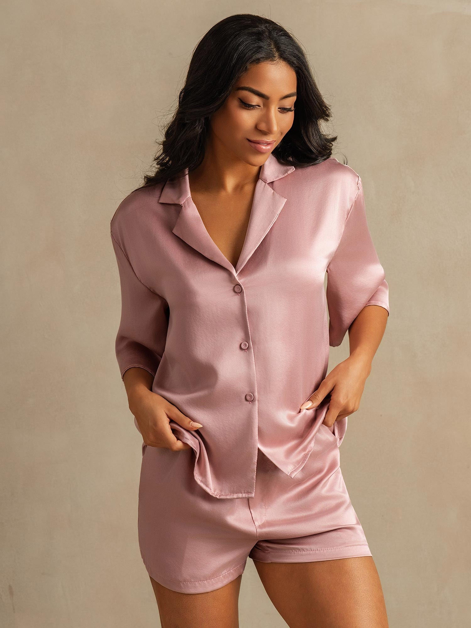 [Piel De Melocotón] SilkSilky-ES 19Momme Seda Pura Cuello Camisero Pijamas de mujer 008,