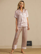 [Rosa Corazón Geo] SilkSilky-ES Short Sleeve Lapel Collar Pijamas de mujer 007