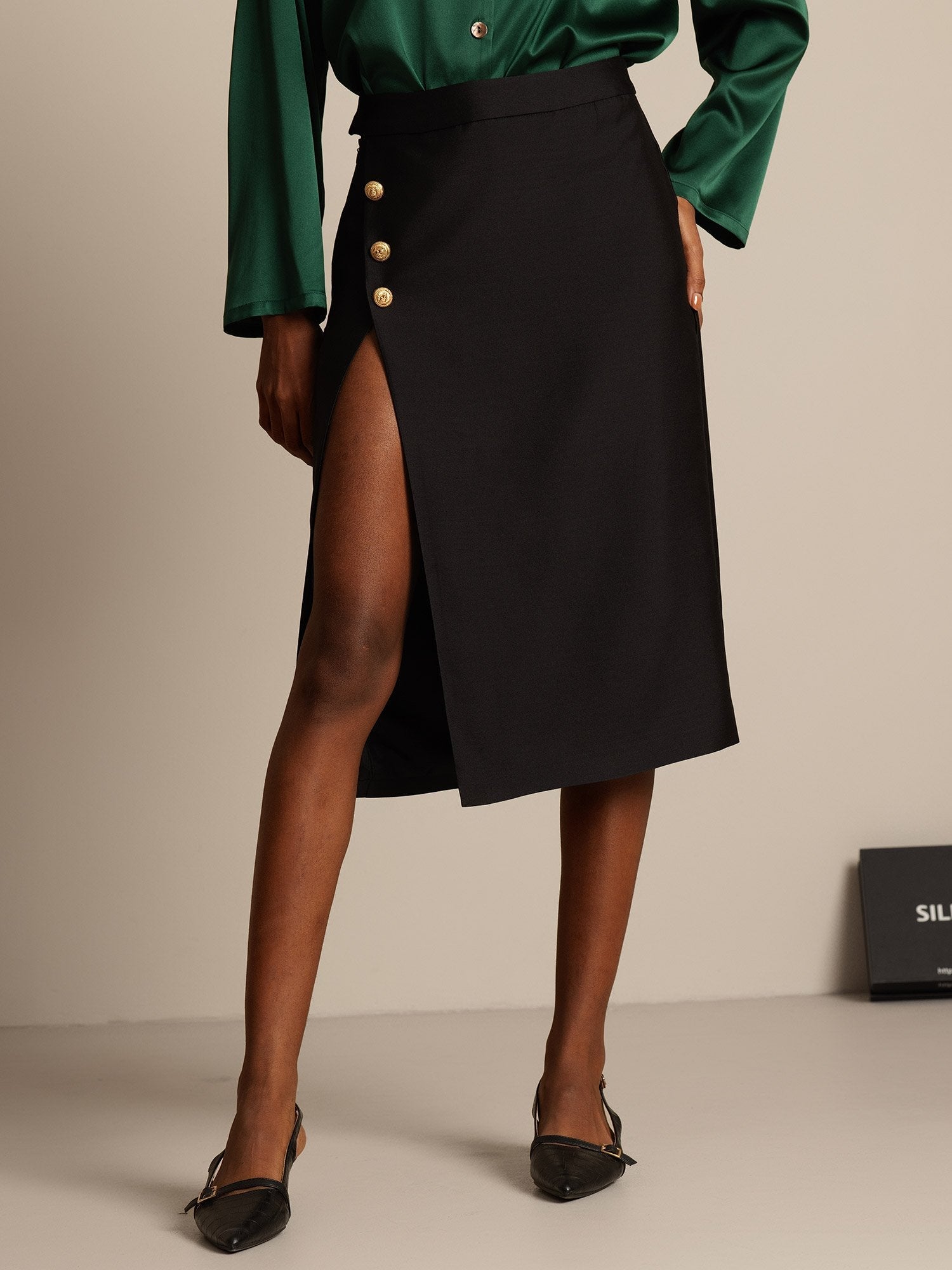 [Negro] SilkSilky-ES 32Momme Silk-Wool Blend Skirt 001,