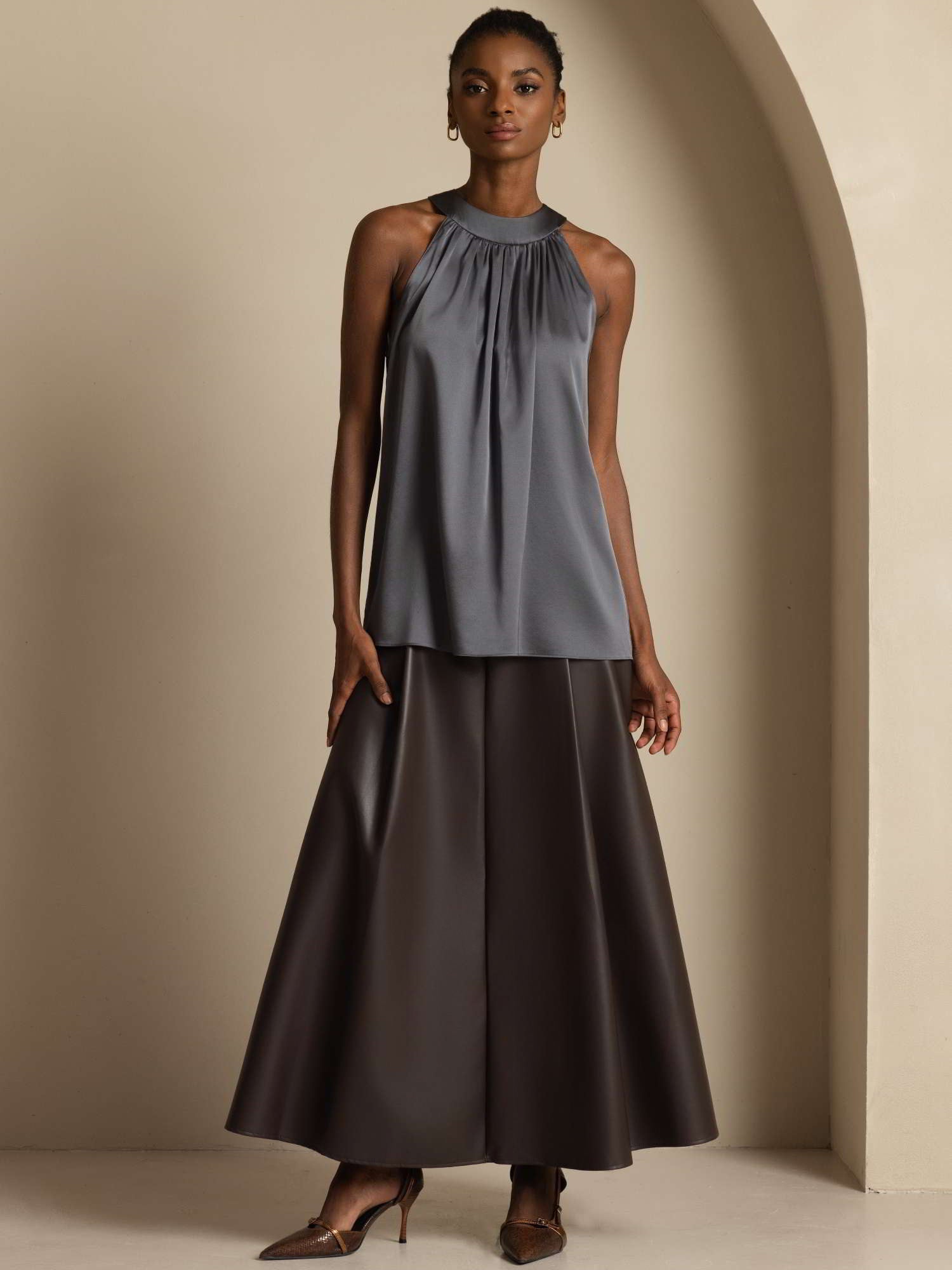 [Gris Oscuro] SilkSilky-ES 19Momme Seda Sin mangas Womens T-Shirt 005