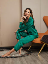 [Verde] SilkSilky-ES Long Sleeve Lapel Collar Pijamas de mujer 005
