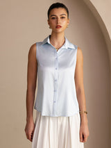 [Azul Claro] SilkSilky-ES Sleeveless Lapel Collar Blusas de Mujer 001