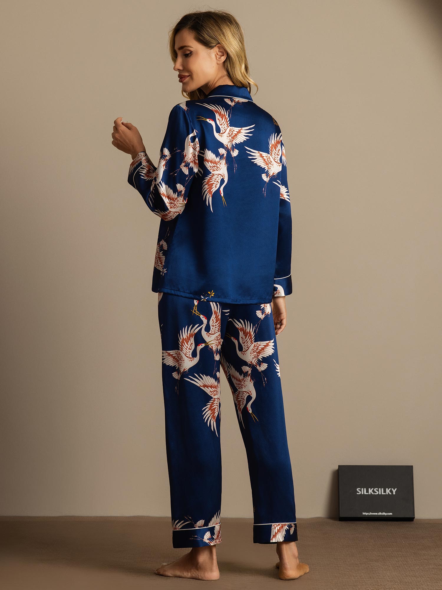 [Azul Oscuro] SilkSilky-ES 19Momme Seda Pura Womens Pajamas 008,