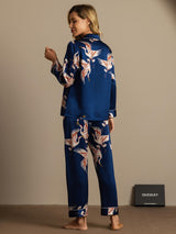 [Azul Oscuro] SilkSilky-ES Long Sleeve Lapel Collar Pijamas de mujer 002
