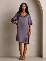 [Gris Púrpura] SilkSilky-ES Half Sleeve V Neck Camisón 008