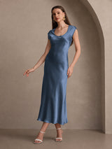 [Verde Azulado Real] SilkSilky-ES Cap Sleeve Vestido 007