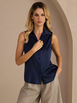 [Azul Oscuro] SilkSilky-ES Sleeveless Lapel Collar Blusas de Mujer 005