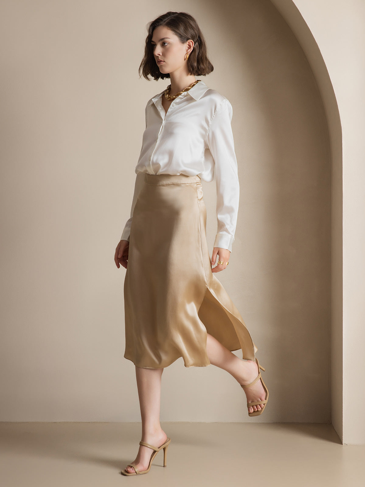 [Blanco] SilkSilky-ES Seda Manga larga Cuello Camisero Blusas de Mujer 006