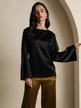 [Negro] SilkSilky-ES Long Sleeve Boat Neck Blusa 001