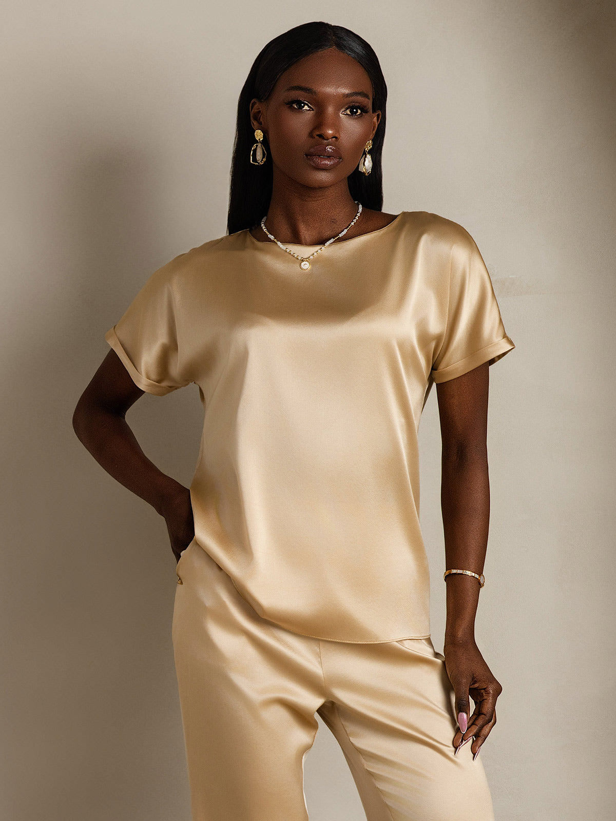 [Champán] SilkSilky-ES 19Momme Manga corta Cuello Barco Camisetas de Mujer 003