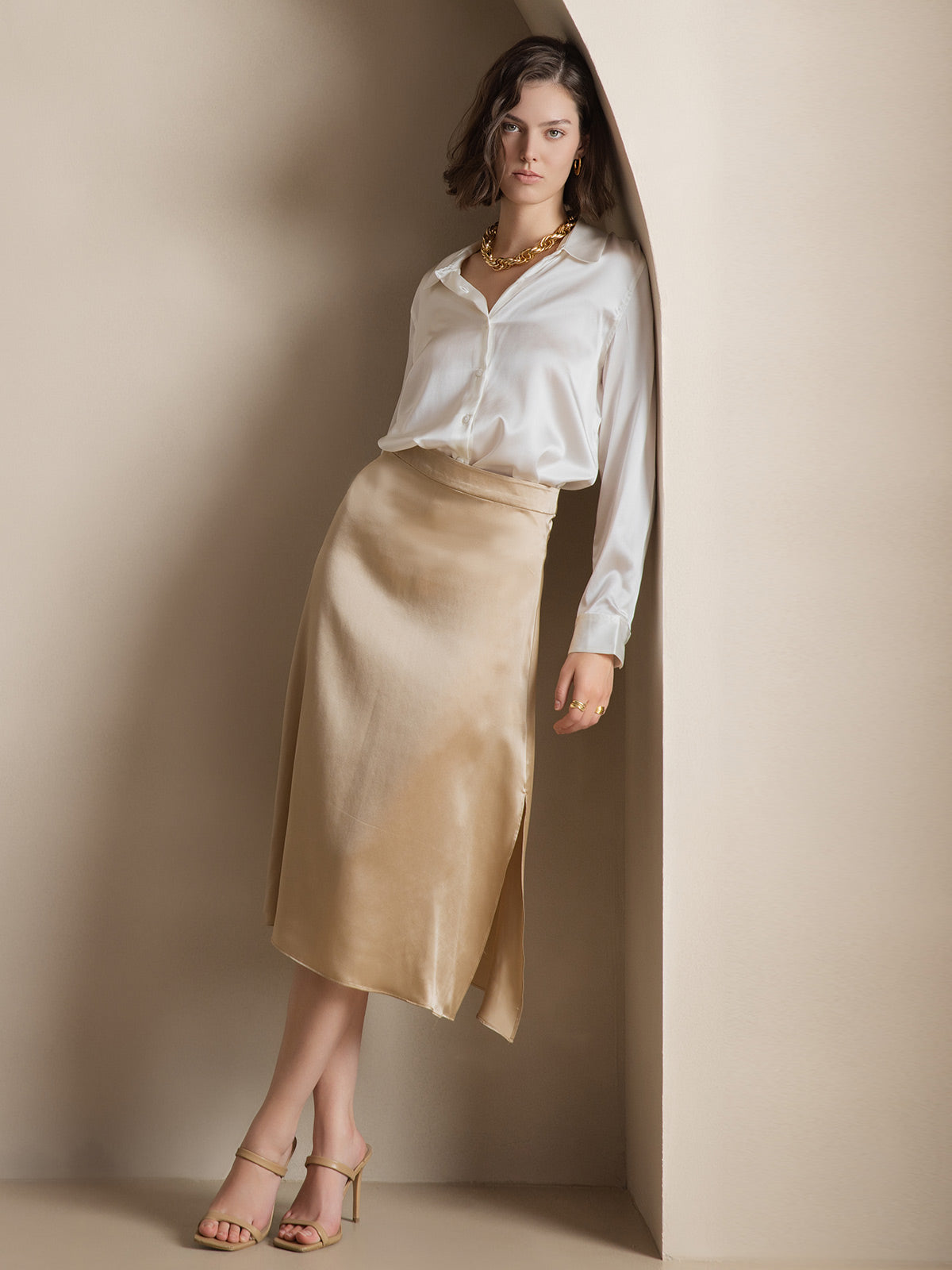 [Blanco] SilkSilky-ES Seda Manga larga Cuello Camisero Blusas de Mujer 005