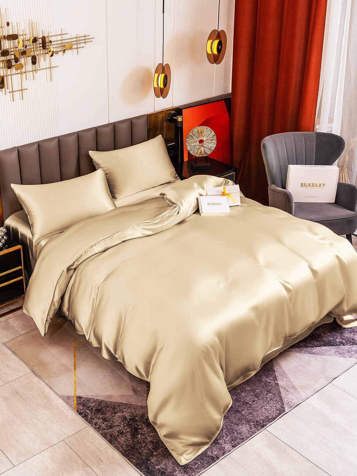 [Beige] SilkSilky-ES 19Momme Juego de ropa de cama 001