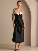 [Negro] SilkSilky-ES Spaghetti Strap V Neck Vestido 001