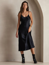[Negro] SilkSilky-ES Spaghetti Strap V Neck Vestido 004