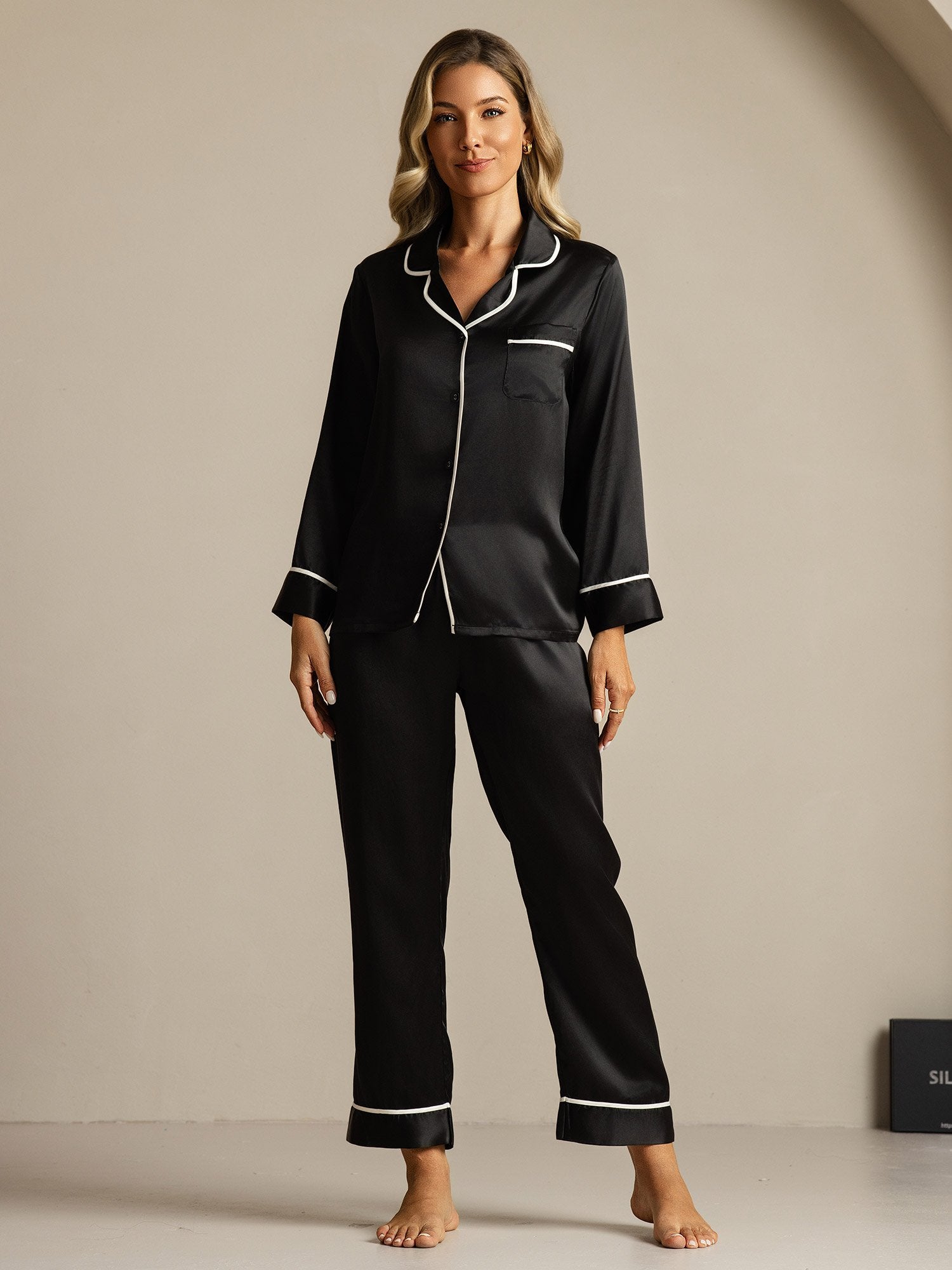 [Negro] SilkSilky-ES Seda Pura Cuello Camisero Pijamas de mujer 003